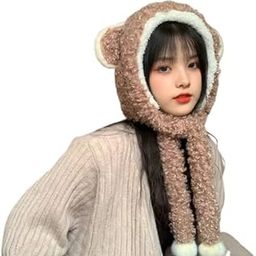 Animal Costum Soft Warm Style Bear Cap Hair Ball Beanies Lady Warm Caps Knitted Wool (Inside Fur) Woolen Beanie Cap for Women & Girl's Brown Color-image-95