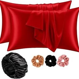 Woodentelio Red Satin Pillow Covers Set of 2 with Black Satin Shower Cap and 3 Free Scrunchies – Silky Soft Pillowcases for Hair & Skin Care – Anti-Frizz Sleep Combo for Women & Girl-image-30