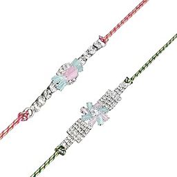 Premium Handcrafted AD Diamond Rakhi Set of 2 for Brother, Colourful Pure Cotton Thread Festive Bracelet Style Designer Combo Rakhi with Roli Chawal and Rakshabandhan Greeting Card-21-17