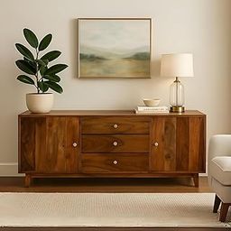Modern Wooden Sideboard Cabinet – 3 Drawers and 2 Doors Storage Console in Walnut Brown Finish – Buffet Table for Dining Room, Living Room-image-89