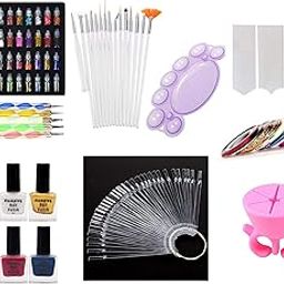 Store2508 Nail Art Kit with Nail Art Brush, Nail Dotting Tools, Special Nail Art Stamping polishes, 3D nail glitter bottles, Nail Practise Wheel Swatches & More, Multicolour-28