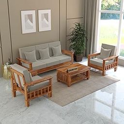 RENEWITURE Solid Sheesham Wood 5 Seater Sofa Set with Cushions for Living Room 3+1+1 Sofa Without Center Table (Honey Finish)-image-5