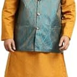 SOJANYA (Since 1958) Men's Pure Cotton Mustard Chikankari Kurta & Silk Blend Nehrujacket With White Churidar Pyjama Set-picture-35