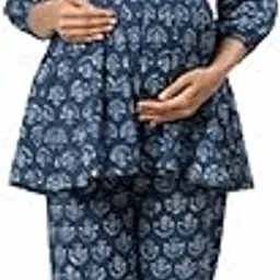 ikk kudi by seerat Jaipuri Floral 100% Cotton Maternity Nursing and Feeding Night Suit/Kurta Pant | Nursing Zippers | Pre and Post Pregnancy | Color - Indigo-picture-6