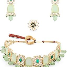 Green Stones & Beads Kundan Choker Necklace Earring & Ring Set For Women-ZPFK15448-image-75