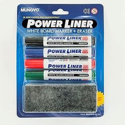 Mungyo Non-Toxic White Board Marker with Erasr - Black1,green1,blue1,red1 - Mungyo Power Liner White Board Marker with Duster - Pack of 4 Markers with Duster-image-70