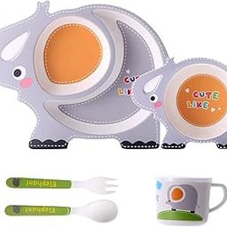 Hatanu Mall Bamboo Baby Tableware Set, Eco Friendly Bamboo Fiber Dinner Set for Weaning Toddlers/Kids, Set of Plate Bowl Cup Fork and Spoon/Baby Feeding Utensils for Kids (Elephant)-image-89