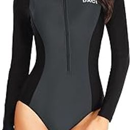 Women Grey Black Rash Guard Long Sleeve One Piece Swimsuit Zipper Surfing Bathing Suit UPF 50 L-image-75