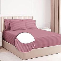 BSB HOME Premium Cotton 220tc Elastic Fitted Bedsheets with 2 Pillow Covers | King Size Bed with All Around Elastic 220 TC Supersoft Striped Pattren Breathable |Size-78 x72+10 inches |Pink-image-66