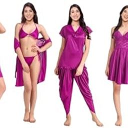 Apparels Solid Satin 6 Piece Nightwear/Nighty Set | Attractive & Stylish | (1 Robe, 1 Nighty, 1 Top, 1 Patiala, 1 bra and panty set) for Women-image-26