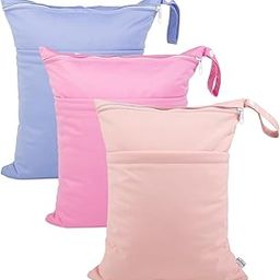 babygoal Wet Dry Bags for Baby Cloth Diapers, Washable Travel Bags, Beach, Pool, Gym Bag for Swimsuits & Wet Clothes with 2 Pockets 3 Pack 3LN09-IN-22