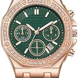 Luxury Chronograph Watch with Crystal Bezel, Green Dial, Rose Gold Case, Silicone Band, 38mm-image-3