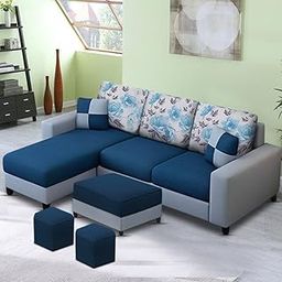 BRAXTON Bando LHS 4 Seater L Shape Sofa Set with Center Table & 2 Puffy (Dark Blue & Grey Fabric)-picture-0