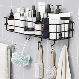 JIALTO Alloy Steel Bathroom Stand Wall-Mounted Bathroom Accessories,Bathroom Shelf for Wall,Bathroom Organiser,Adhesive Washroom Organizer with Hooks,Black Bathroom Rack&Towel Holder Stand,Pack of 1-15