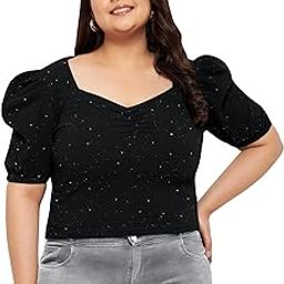 Women Western Plus Size Crop Top| Shimmer | Puff Sleeve | Stretchable | Stylish Top for Curvy Women (Black)-picture-12