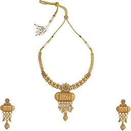 kushal's Fashion Jewellery Ruby Gold Polished Antique Necklace Set With Adjustable Thread & Push Back Hanging Earrings | Best For Gifting & Special Occasion | Jewellery Set For Women - 426230-picture-41