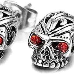Hip Hop Titanium Steel Flower Pattern Crystal Eye Skull Stud Earrings-image-34