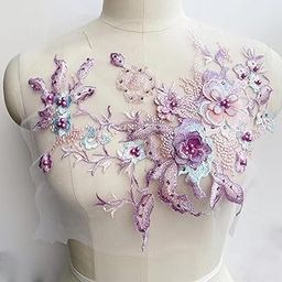 S.A.V.I 3D Floral Embroidered Applique Patch | Purple, Lavender & Mint Green Mesh Lace | 36x25 cm | DIY Bridal, Ethnic Wear, Lehenga, Saree, Blouse, Gown & Craft Sewing | Lace Fabric Decoration Accessory-13