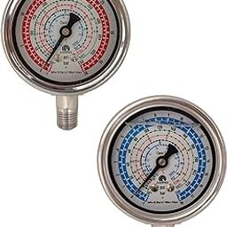 Refrigerant Gas Testing Pressure Gauge Set, High and Low Range, Suitable for R404A, R22, R134A, R407C, Stainless Steel Housing, +/-1.6% Class (Pack 0f 2) (1/8" BSP)-4