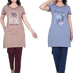 Night Suits for Women, Pyjama Set for Women, Cotton Blend Night Suit for Women, Night Wear for Women, Lounge Wear Set for Women - Printed Shirt & Pyjama (Pack of 2)-image-36