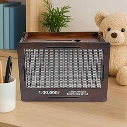 Wooden Money Saving Box with Rs. 100,000 Capacity, Savings Tracker Design, Decorative Piggy Bank for Coins and Currency, Brown-image-75