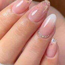 Beautiful Set of 24 Artificial Reusable Nails in Pink with crushed glitter tips with glue-3