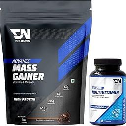 DNUTRIXN Advance Mass Gainer | High Protein with Digestive Enzyme & Multivitamin + Multivitamin Tablets 30N | Combo Pack (1kg, Chocolate)-image-5
