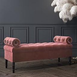 Bolster Velvet Tufted Storage Bench Ottoman Pouffe Footstool Sofa Couch Bed End Table Sofa Bench with Storage for Living Room Bedroom Office Settee. L50×D18×H16. Blush Pink-image-17