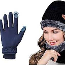 HIVER Combo of Beanie Black Cap and Womens Gloves Touchscreen Waterproof | Winter Gloves for Women with Beanie Cap | Trekking Snow Gloves for Minus Degrees (Medium, Blue)-image-41