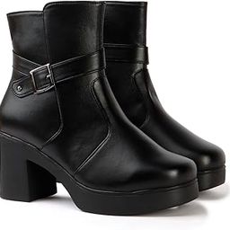 strasse paris Women Black Ankle Length Block Heel Boots | Stylish Synthetic Leather Boots with Side Buckle | Comfortable-picture-40
