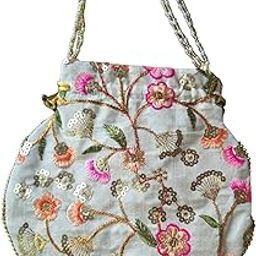 KRITI CRAFT-Vintage Embroidered Bag Floral Sequin Design Gold Chain Strap cream-image-19
