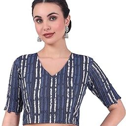 Women's Indigo Blue Cotton Printed Saree Blouse with Elbow Length Sleeves-image-75