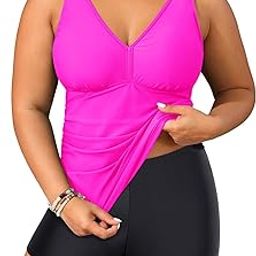 Womens Plus Size Swimsuits with Shorts Tummy Control Tankini Two Piece Bathing Suits Athletic Swimwear-image-74