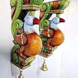 JLine Arts Hand-Carved Wooden Peacock Wall Bracket Pair | 12 Inch Multi-Color Bird Corbels | South Indian Traditional Wall Hanging Décor | Set of 2-image-21