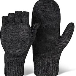 Fingerless Winter Gloves Convertible Wool Mittens for Men & Women - Warm Thermal Knit Flip Top Snow Glove for Cold Weather (Black, Large)-image-58