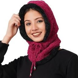 Women's Fur Warm Winter Knitted Beanie Caps/Hats That Cover Face with Attached Neck Cover and Mask, Warmer Balaclava Cap Purple Color-image-92