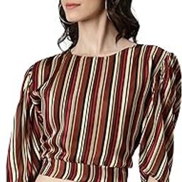 SHOWOFF Women's Vertical Stripes Puff Sleeves Brown Styled Back Crop Top-AE-10683_Brown-image-76