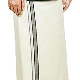 Mens Gold Jari Line Border 100% Cotton Cream Dhoti 4.00 Meters Double Mundu/Vesti-image-69