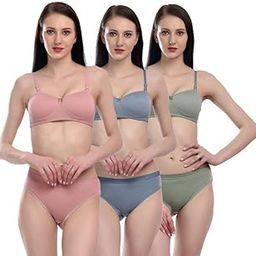 Cotton Lingerie Half Padded Wire Free Bra Panty Set for Women's (Pack of 3)-picture-36