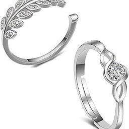 White Alloy Open Leaf Shaped and Single Solitaire Finger Ring with Cz Stones for Women Combo of 2-image-13