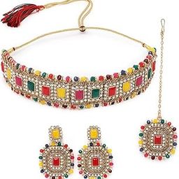 Decent Traditional Green Kundan & Beads Studded Choker Necklace Set For Women-48