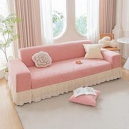HOKIPO 'Floravelle' 200 GSM Knitting Jacquard 3-Seater Sofa Cover with Elegant Frill – Fully Covered, Misty Rose Pink (AR-6031-PNK)-image-89
