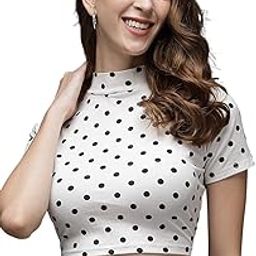 Women White Dotted Fabric Blend Round Neck Regular Sleeves Regular Top (Small, White)-image-1