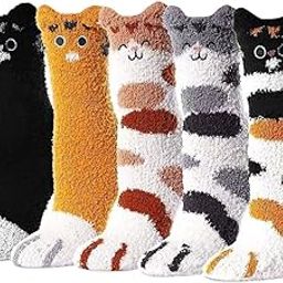 5 Pairs Winter Socks Woolen Socks for Women Girls Soft Warm Coral Fleece Socks Cartoon Claw Overankle Winter Socks for Women Floor Home Warm Socks Christmas Gifts for Girls-image-3