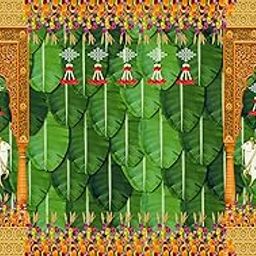 Backdropon Banana Leaf and Hanging Flower with Cows and Design Decoration Backdrop Cloth for Pooja Decoration Tradition Festival Size 5 Feet Height and 8 Feet Width(5 * 8)-image-68