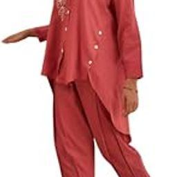 Red Co-Ord Set for Women with White Embroidery | High-Low Shirt Style Top & Straight Pants | Casual & Festive Ethnic Wear | Button-Down Collar Shirt with Floral Detailing (Monika-Red)-picture-16