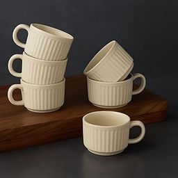 StyleMyWay Studio Pottery Stackable Ribbed Ceramic Coffee Mugs (200 ml, Set of 6, Beige) | Chai Cups | Coffee Mug Set | Tea Cup Set | Elegant Tea Cups for Home & Gifting-image-6