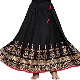 Alphanic Woman/Girl Rajasthani Jaipuri Traditional Ethnic Gold Print Elastic Full Length Skirt-image-31