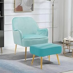 CHAIR DECOR Luxe Velvet Accent Chair with Golden Legs | Luxury Upholstered Armchair for Living Room, Bedroom, Office, or Cafe | Comfortable Modern Cozy Sofa (with Ottoman, Sky Blue)-18