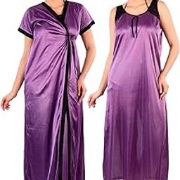 Women's Satin Solid Nightwear 2pc Set of Nighty with Robe Set SL067 (Purple, Large)-image-84